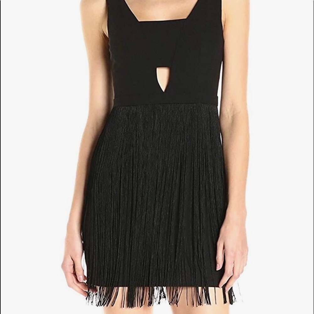 NWT Aidan Mattox Crepe and Fringe Cocktail Dress in Black US Size 2